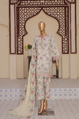 Floral dress set on a mannequin against an ornate wall.