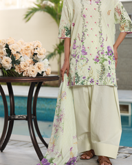 Chameli Studio women’s lawn printed kurta with floral design in green and purple, lightweight unstitched cotton outfit for summer fashion.