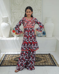 Khanak Stitched Kids-Black & Multi Prints Embroidered Gharara KST 192