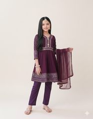 Khanak Stitched Kids-Bringle Purple Short Frok-KST 036