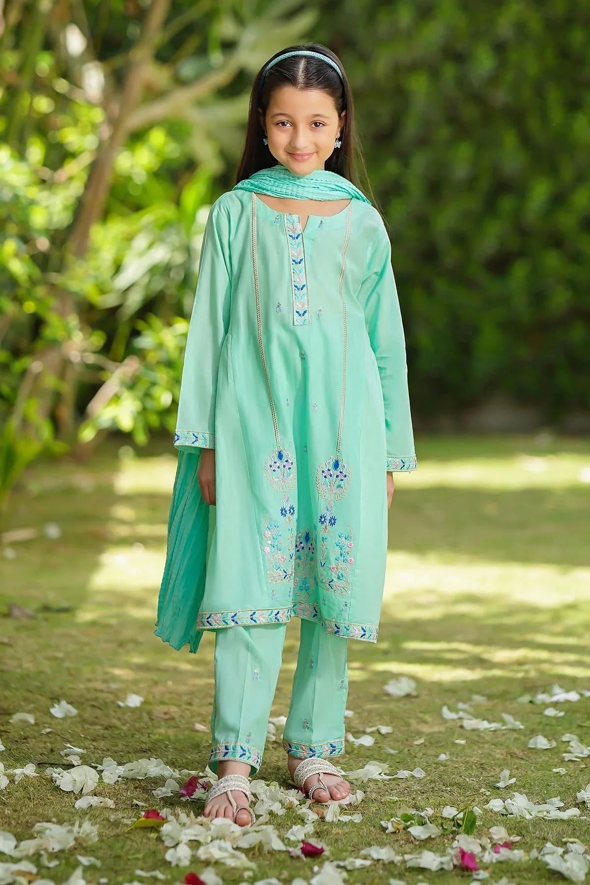 Shop embroidered cotton 3 pc suits for girls with breathable fabric, elegant embroidery, and festive designs