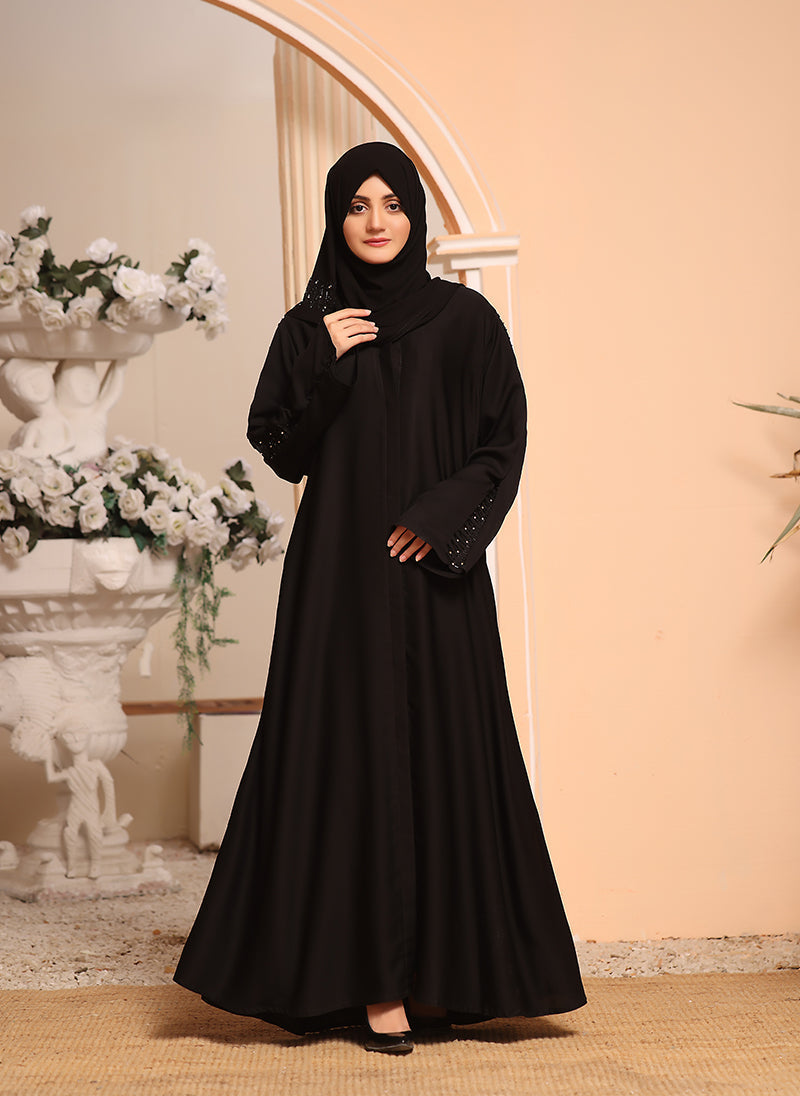 Black Nida Fabric Stone Work Front Open Abaya
