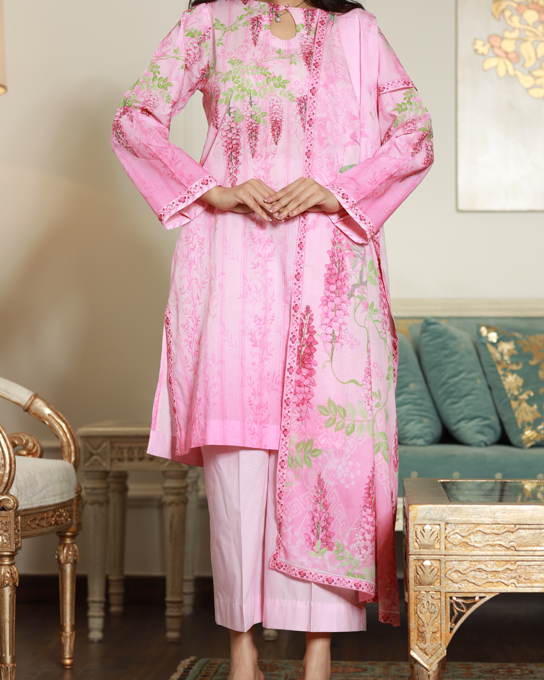 Whispered Grace Lawn Digital Print Unstitched Suit Set in delicate blush pink with soft floral design and lace-style borders, three-piece outfit for women.