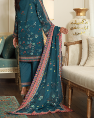 Spring Crush Lawn Digital Print Unstitched Suit Set in rich teal with elegant floral and geometric print, three-piece outfit for women.