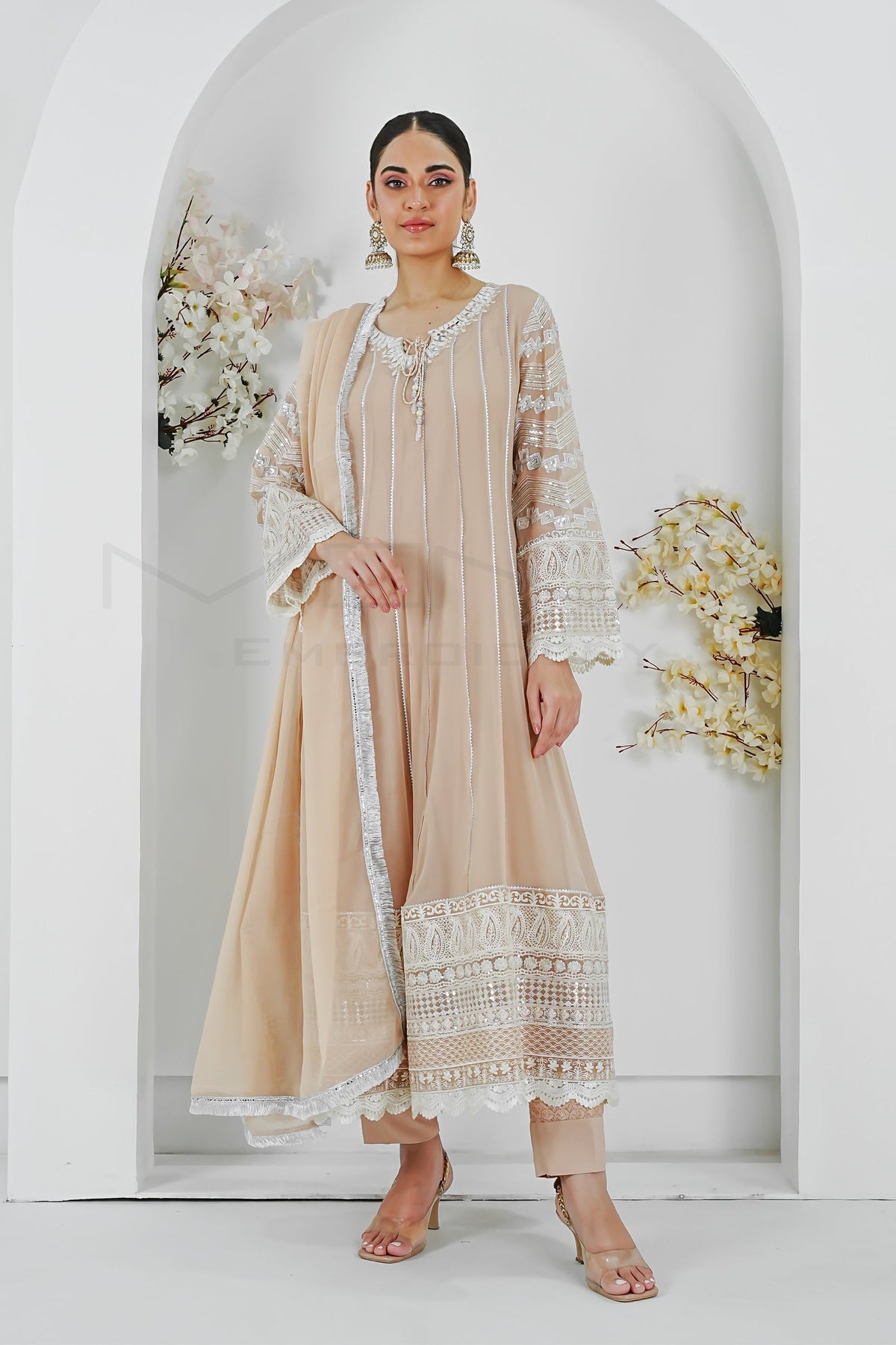 Manahils Stitched Formals Kurti 121-Crimson Glow- Peach