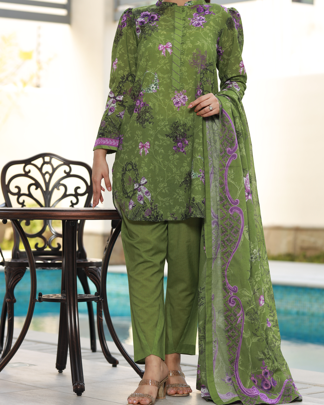 Olive Garden Lawn Digital Print Unstitched Suit Set in mehndi olive green with floral pattern, three-piece lightweight lawn fabric ethnic outfit for women.
