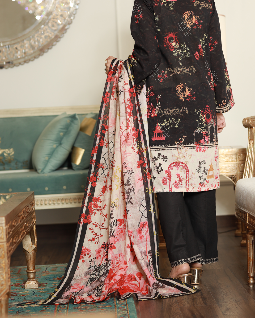 Midnight Elegance Lawn Digital Print Unstitched Suit Set in black with bold cream motifs, three-piece lightweight lawn fabric ethnic outfit for women.