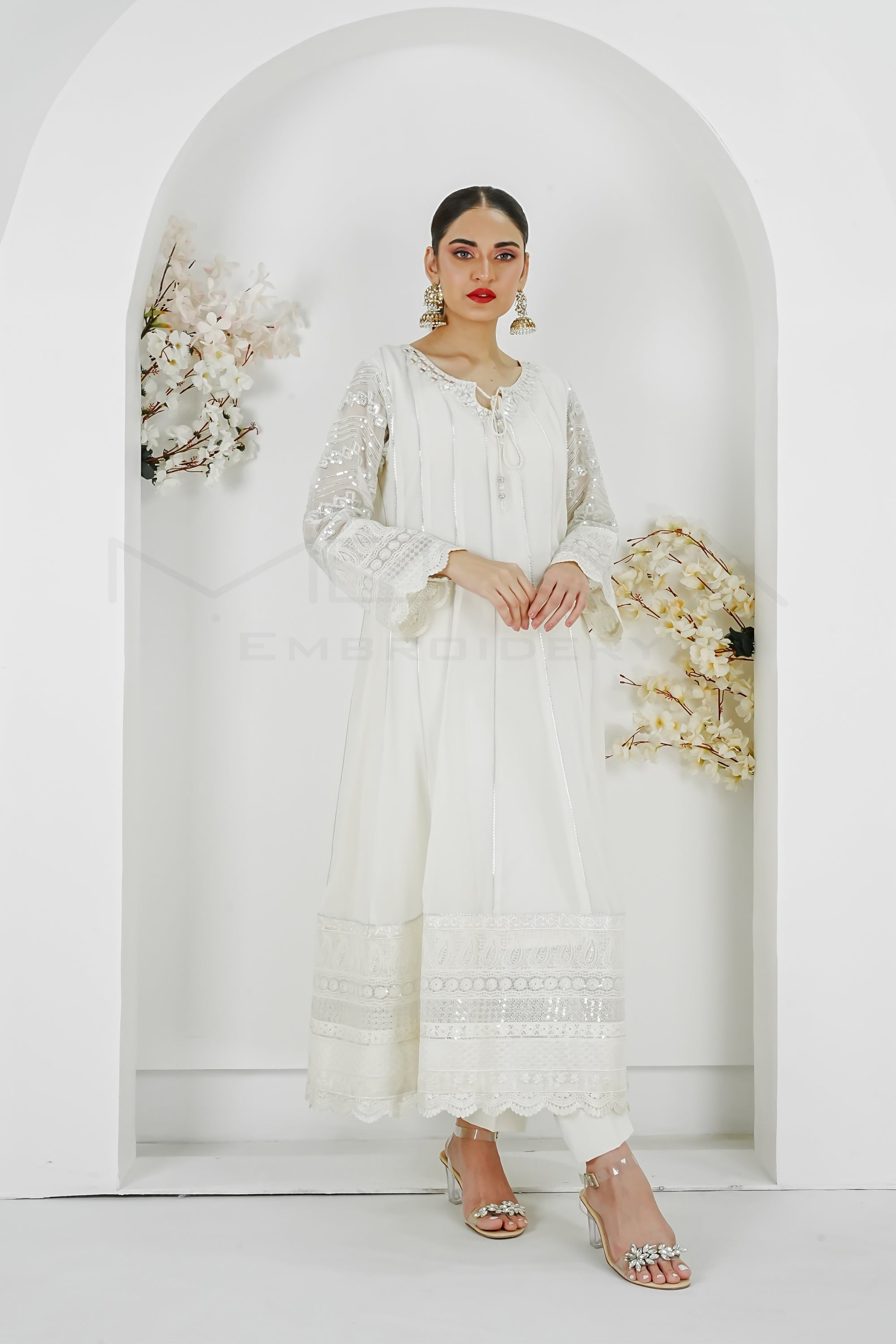 Manahils Stitched Formals Kurti 121-Crimson Glow- Off White