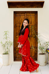 Khanak Stitched Kids-Imperial Red Embroidered Gharara KST 113