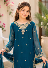Modest Eid Edit 3 Piece Blue Embroidered Crinkle Suit