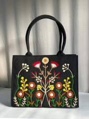handmade embroidered jute tote bag blushwood black Fineur