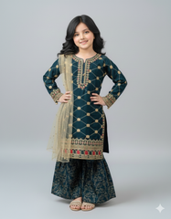 Khanak Stitched Kids-Teal Gharara-KG 018