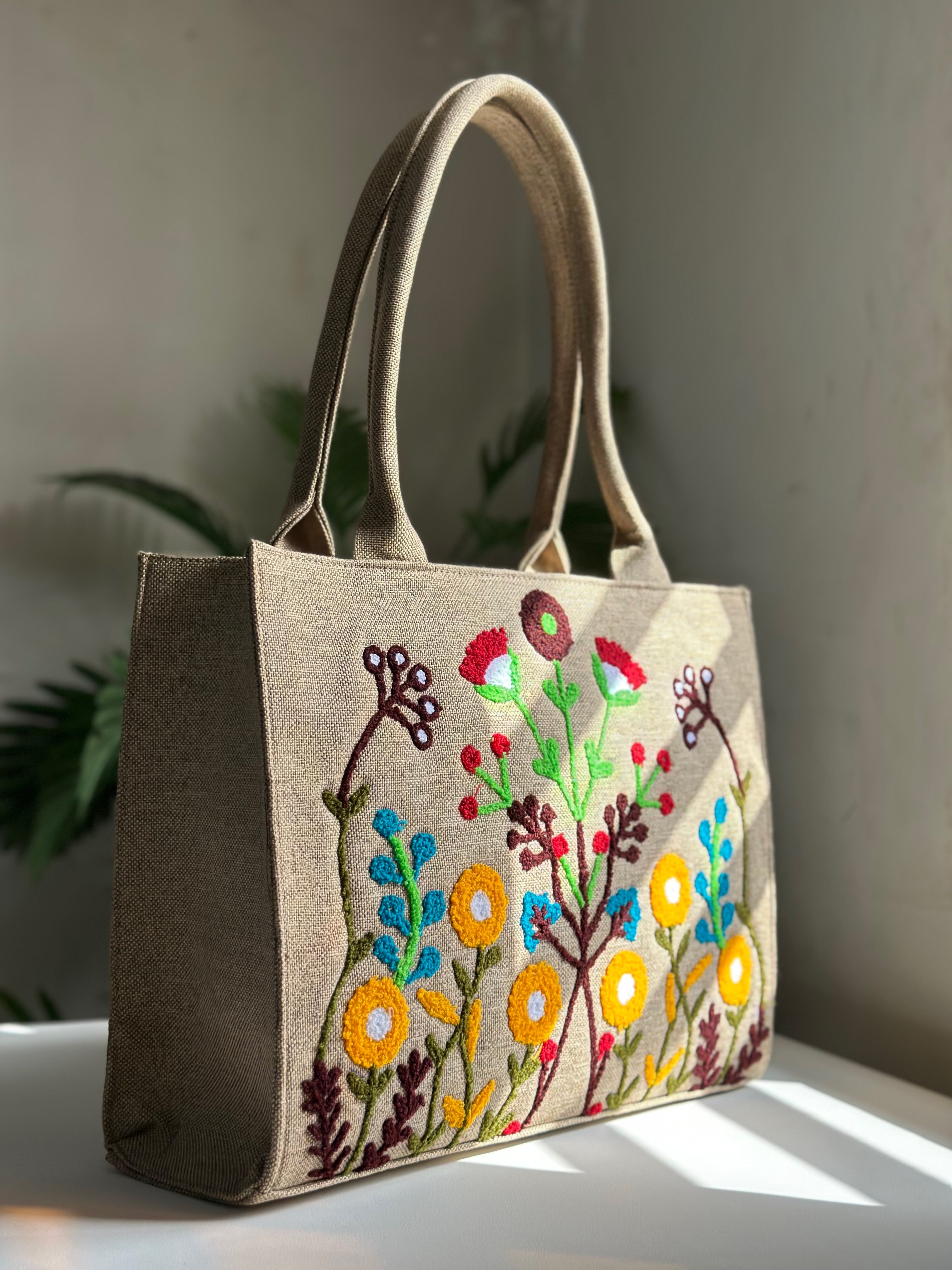 floral embroidered jute tote bag for women Pakistan