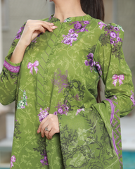 Olive Garden Lawn Digital Print Unstitched Suit Set in mehndi olive green with floral pattern, three-piece lightweight lawn fabric ethnic outfit for women.