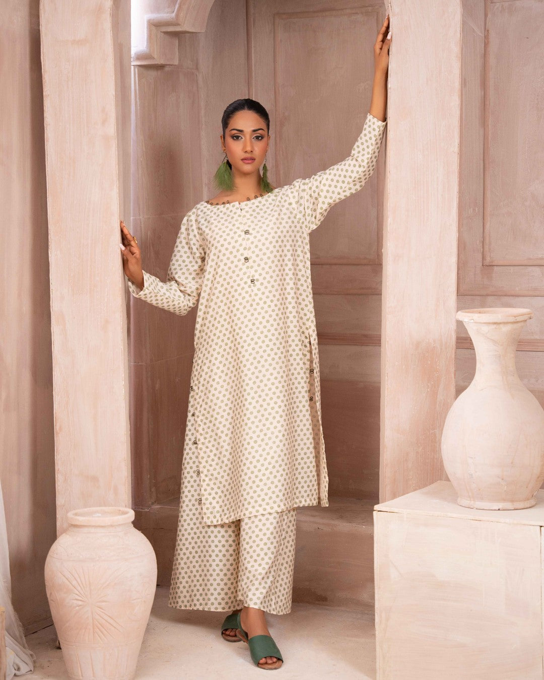 Ayla Studio Stitched PRINTED ESSENTIAL  CO-ORD - Pistachio Cream