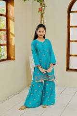 Khanak Stitched Kids-Dark Cyan Embroidered Gharara KST 116