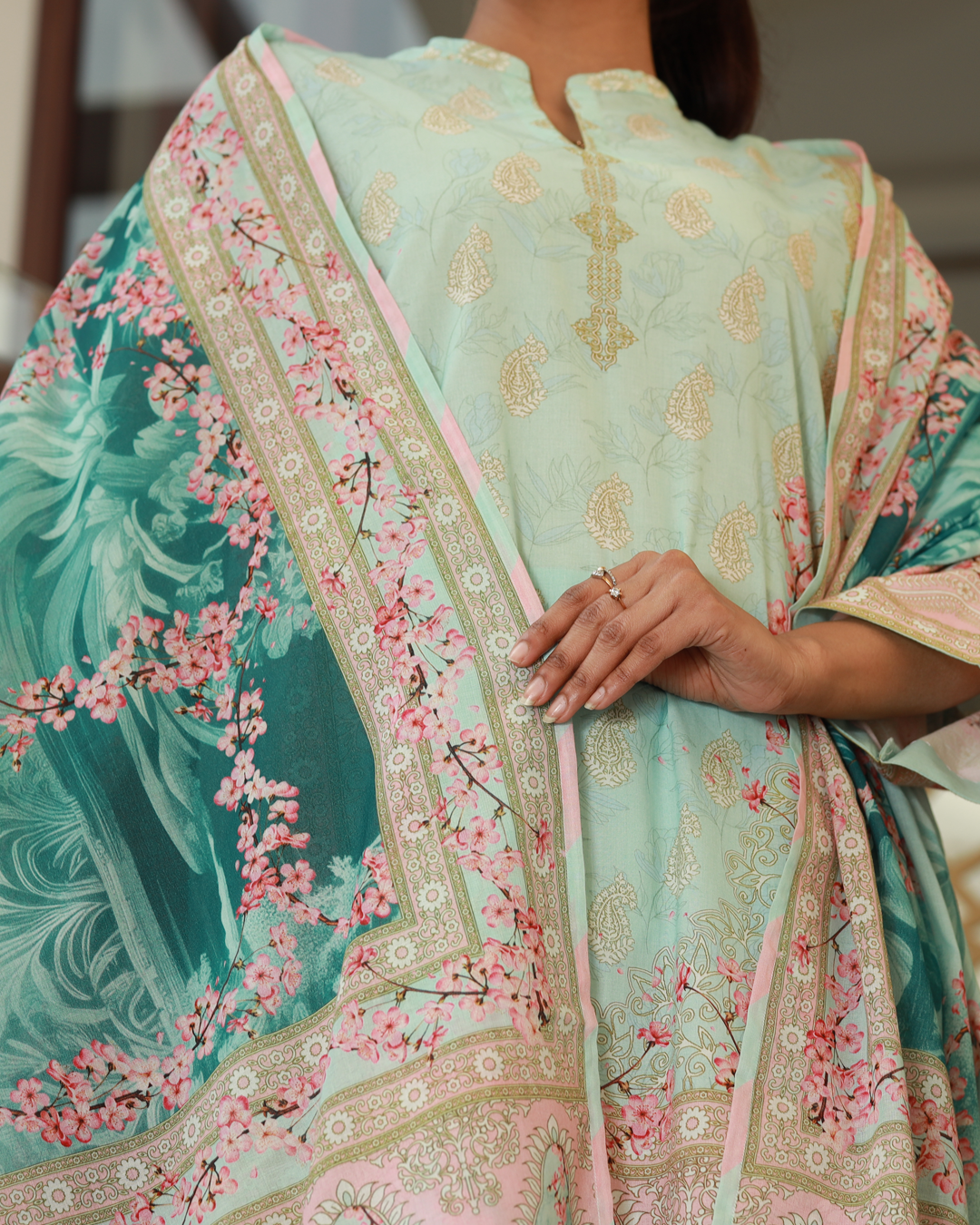 Chameli Studio women’s mint green floral embroidered lawn unstitched three-piece suit with matching printed dupatta and straight trousers, lightweight summer ethnic outfit.