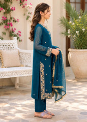 Modest Eid Edit 3 Piece Blue Embroidered Crinkle Suit