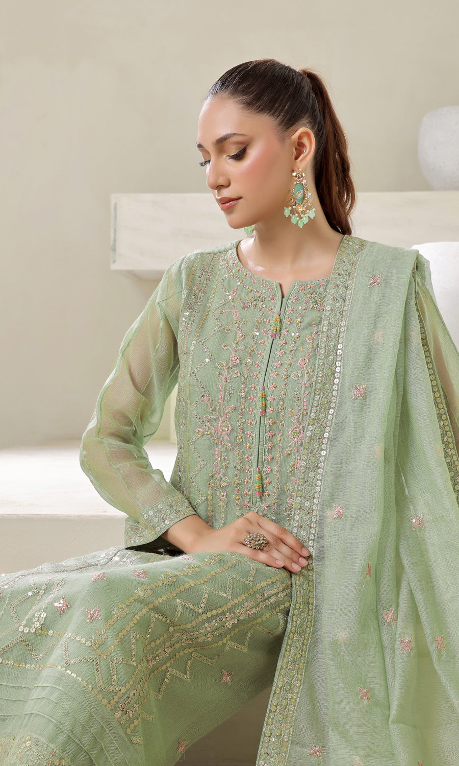 Shamooz Stitched 3 Piece Luxury Festive Eid Collection'2025-Sea Green SE-014