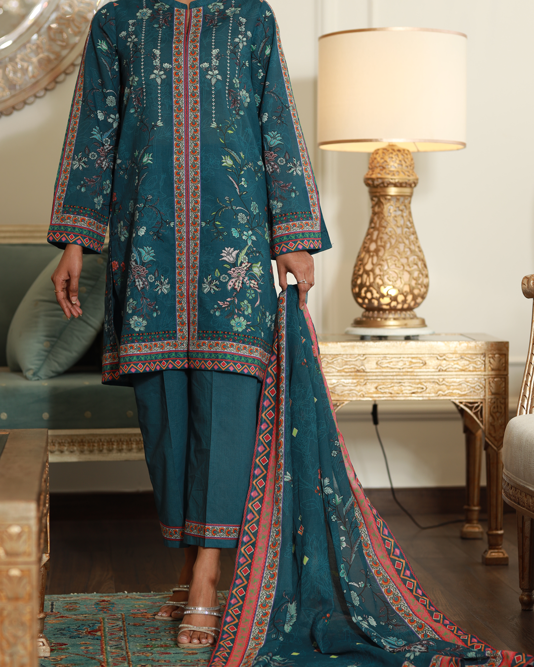 Spring Crush Lawn Digital Print Unstitched Suit Set in rich teal with elegant floral and geometric print, three-piece outfit for women.