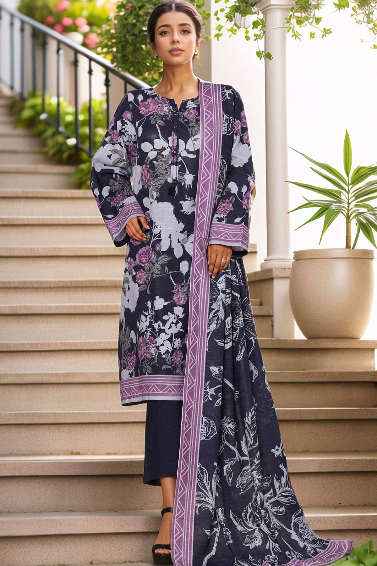 Sada Bahar Stitched 3 Piece Printed Khaddar Vol-01 Collection'2025-KD-PR-6255-Black