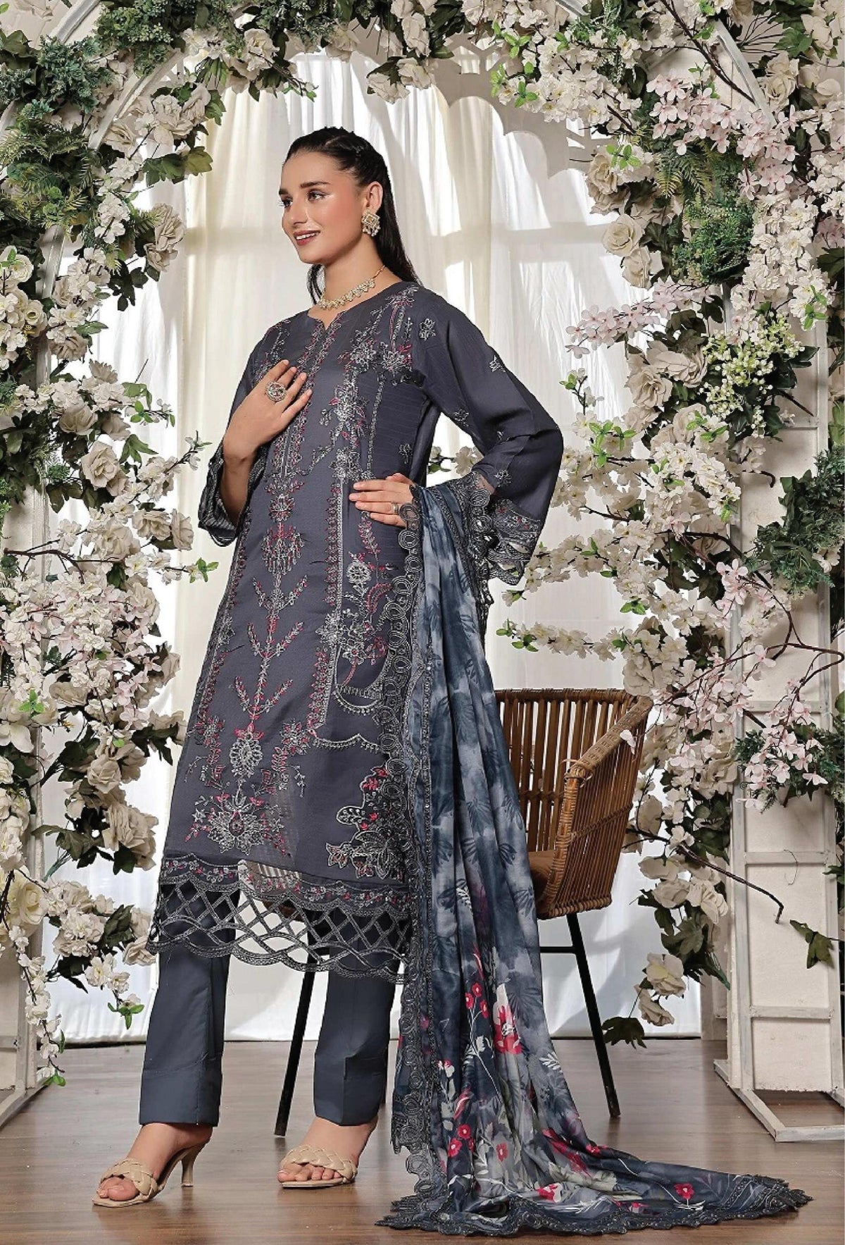 Dressline New Semi Stitched 3 Pcs Premium Dyed Lawn Fancy Full Chikankari With Sequence Emb Collection
