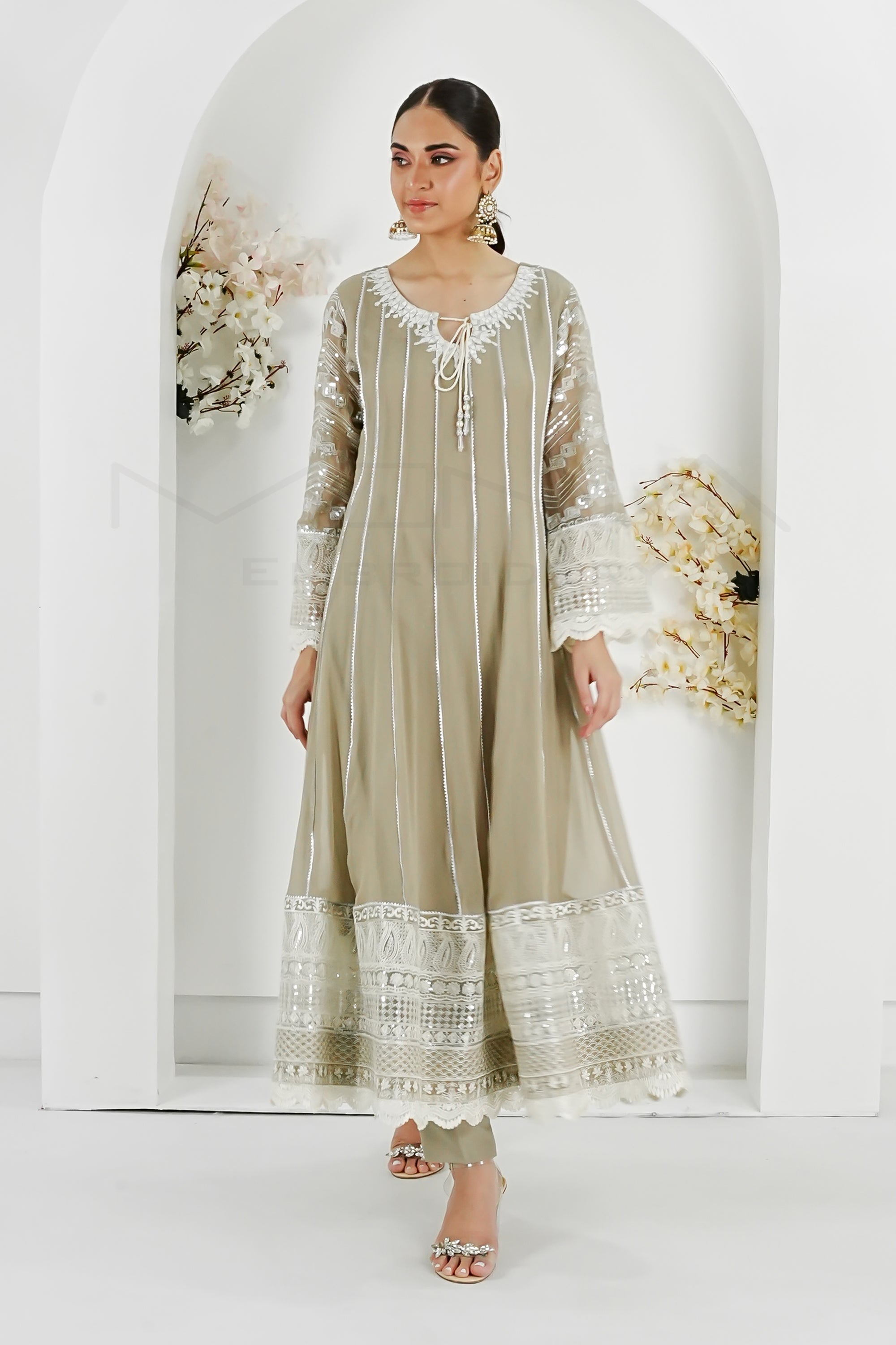 Manahils Stitched Formals Kurti 121-Crimson Glow- Light Brown