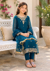 Modest Eid Edit 3 Piece Blue Embroidered Crinkle Suit