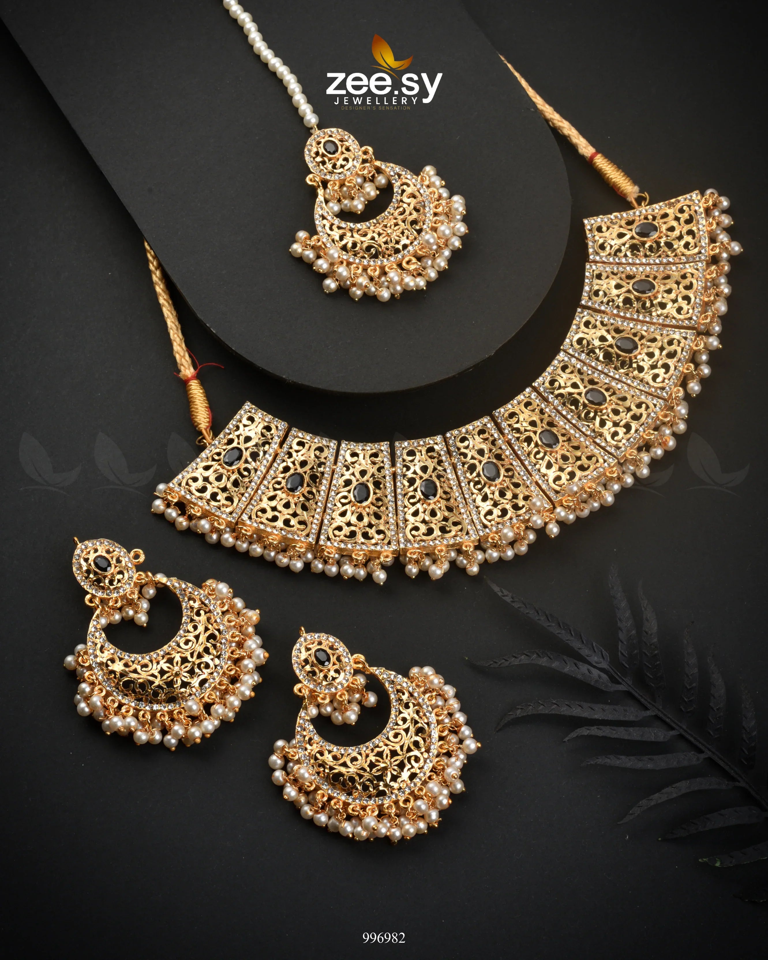 Ornamented Necklace Set Golden Black - Zeesy Jewellery