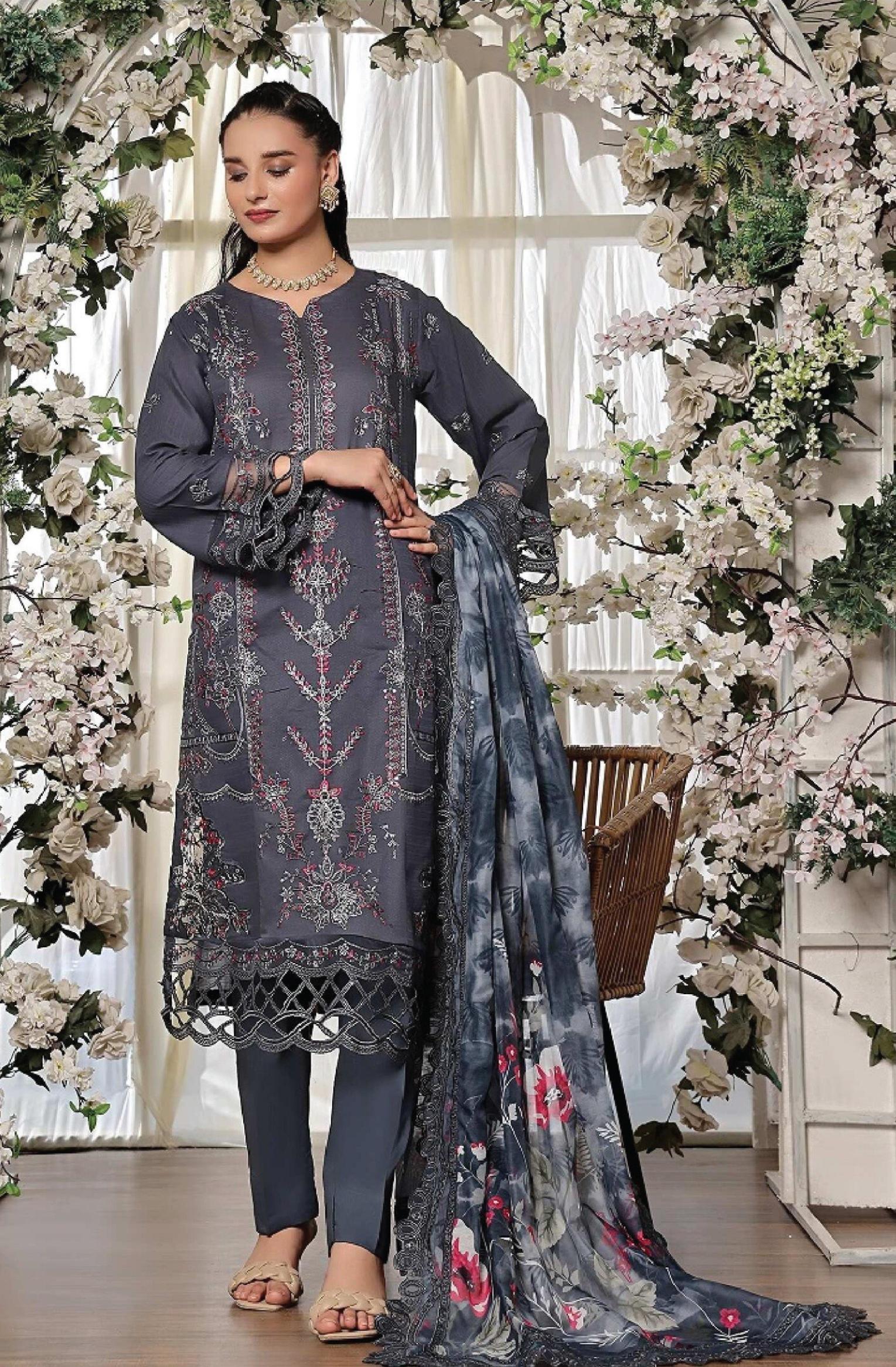 Dressline New Semi Stitched 3 Pcs Premium Dyed Lawn Fancy Full Chikankari With Sequence Emb Collection