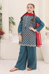Shanzey Stitched 3 Piece Printed Cotton Suit-SHK-7004-Teal Blue