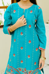 Khanak Stitched Kids-Dark Cyan Embroidered Gharara KST 116