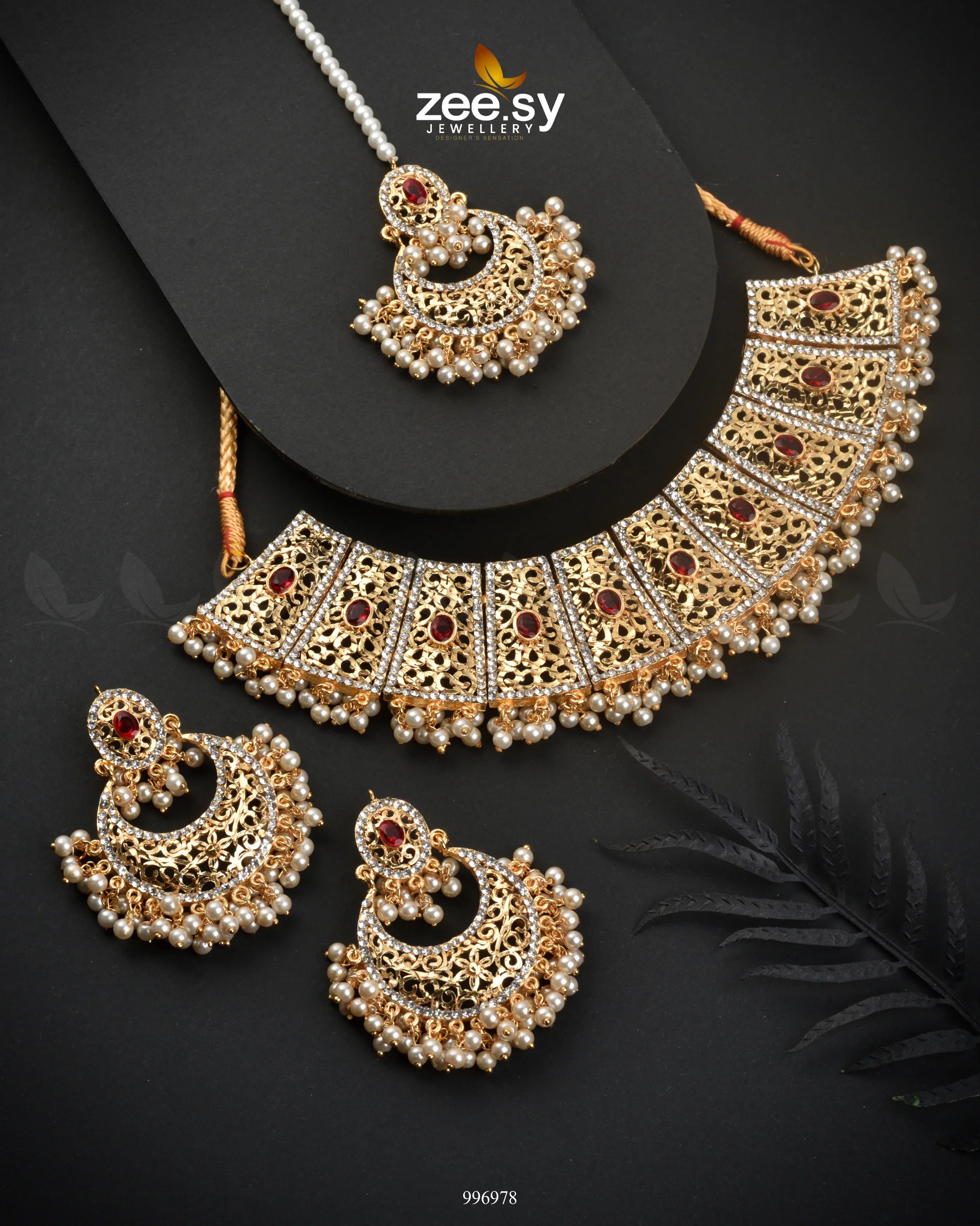 Ornamented Necklace Set Red - Zeesy Jewellery