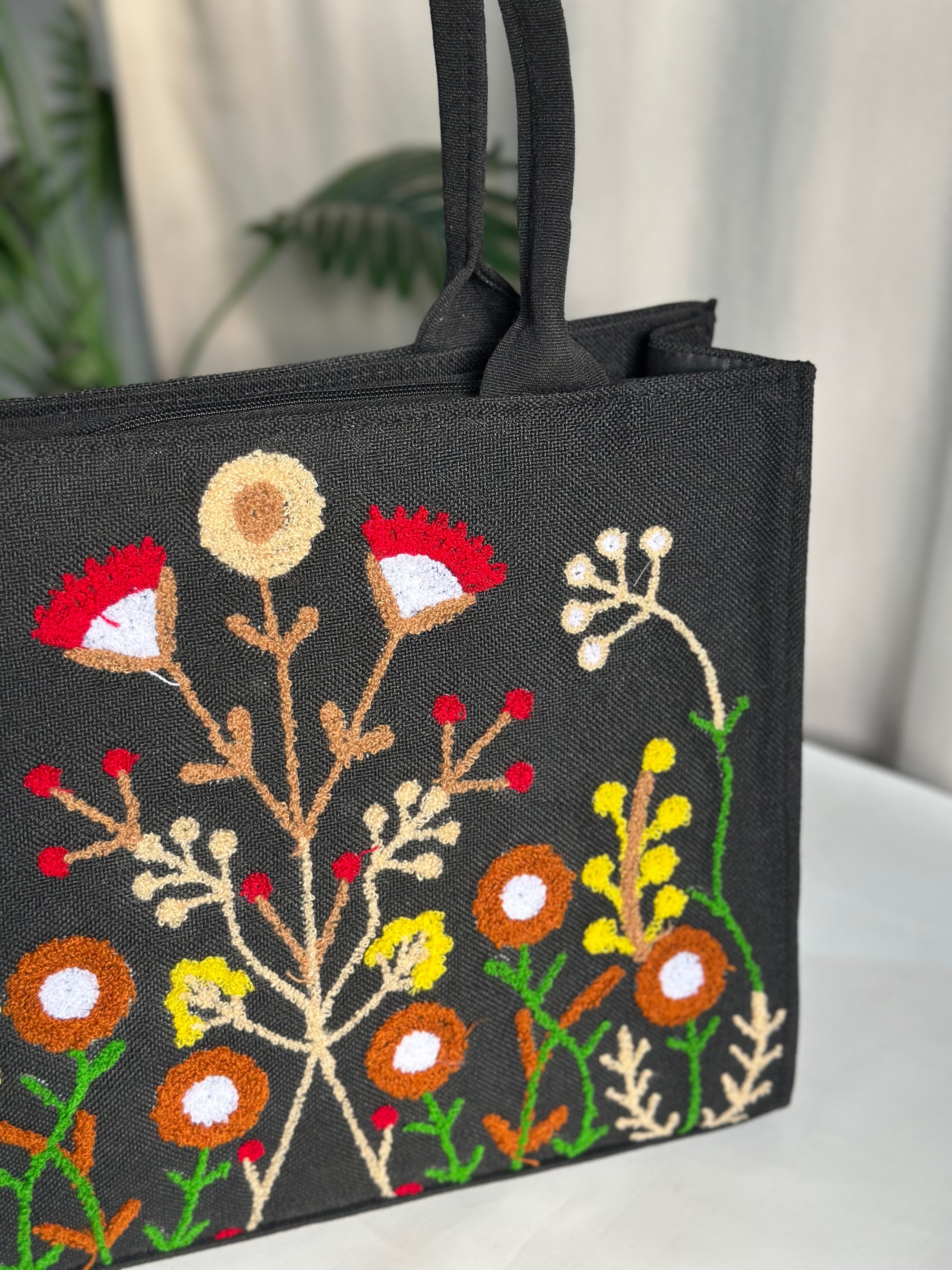 handmade floral embroidery tote bag jute fabric