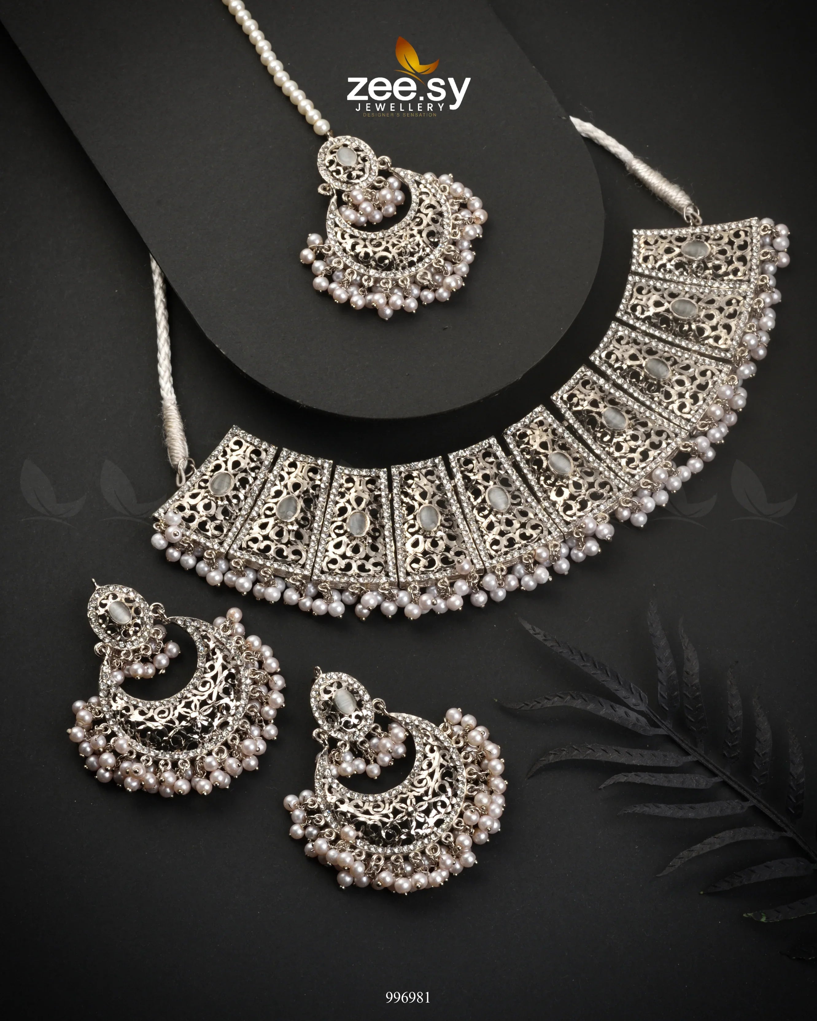 Ornamented Necklace Set Silver White - Zeesy Jewellery