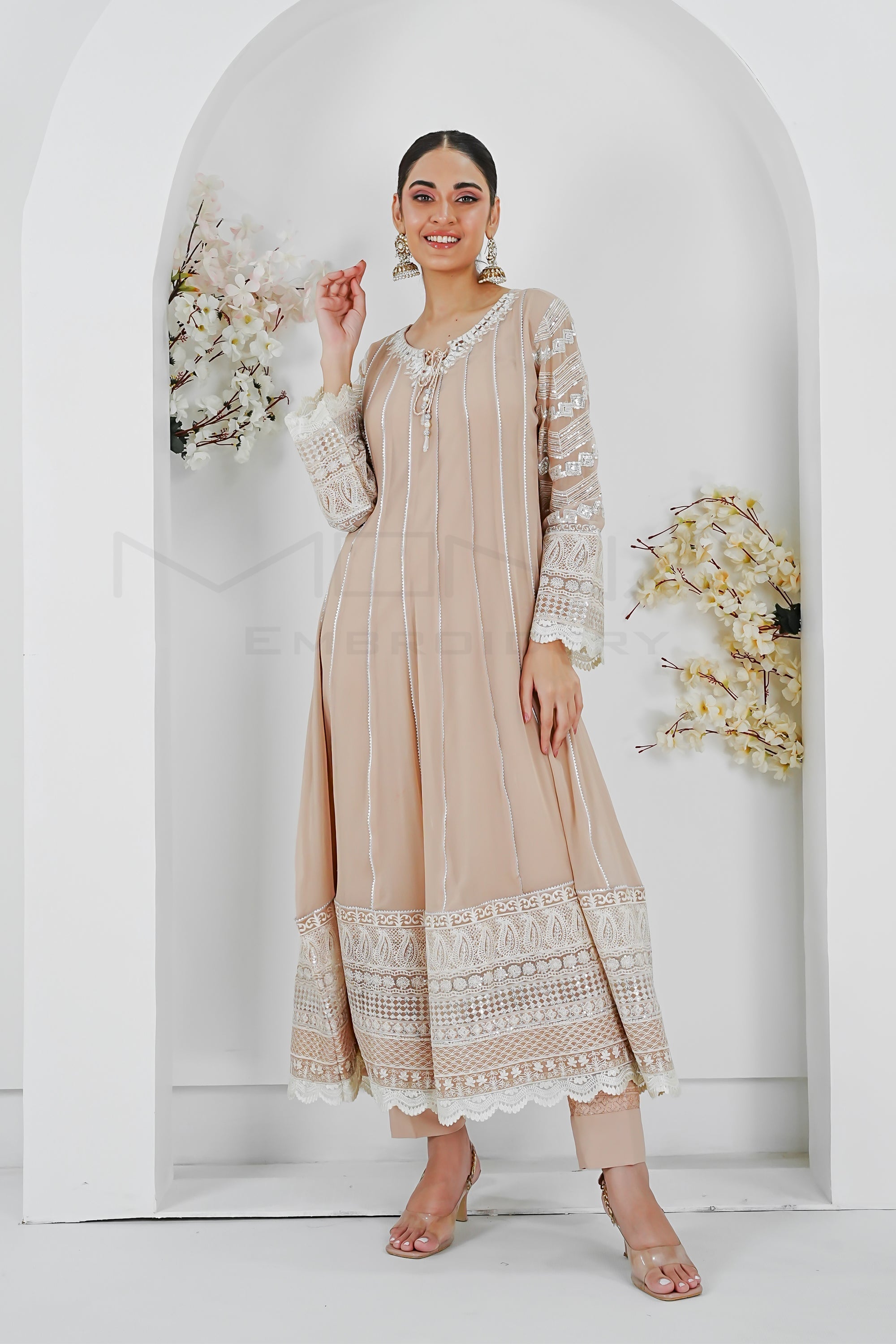 Manahils Stitched Formals Kurti 121-Crimson Glow- Peach