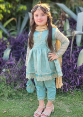 Eid Ki Khushiyan By Modest Stitched 3 Piece Cotton Frock Suit-9025-Grn