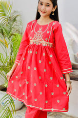 Khanak Stitched Kids-Poppy Red Embroidered 2Pcs Suit KST 110