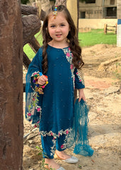 Modest Stitched 3 Piece Formals Kids Collection'2025-Pearl Cape Dress - Blue