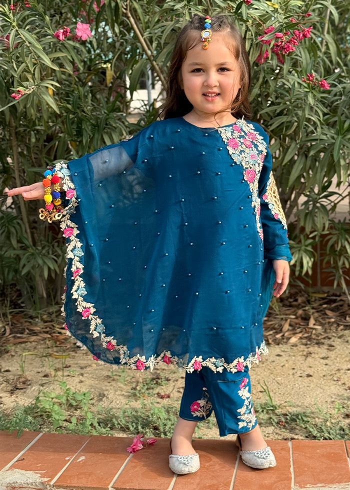Modest Stitched 3 Piece Formals Kids Collection'2025-Pearl Cape Dress - Blue