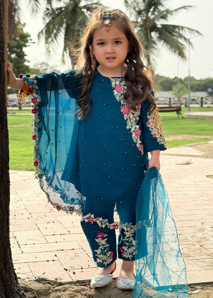 Modest Stitched 3 Piece Formals Kids Collection'2025-Pearl Cape Dress - Blue