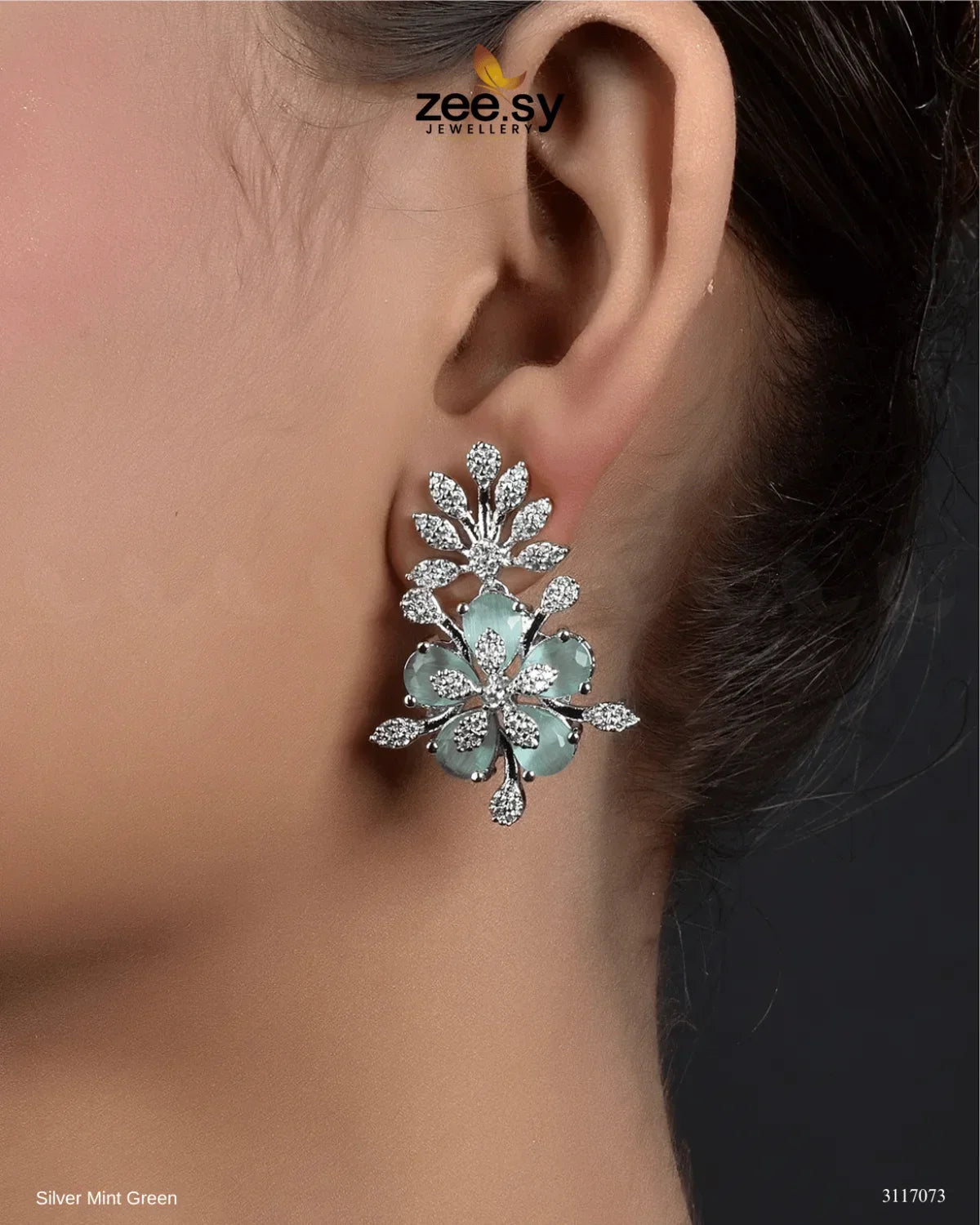Flora Earrings Silver Mint Green - Zeesy Jewellery