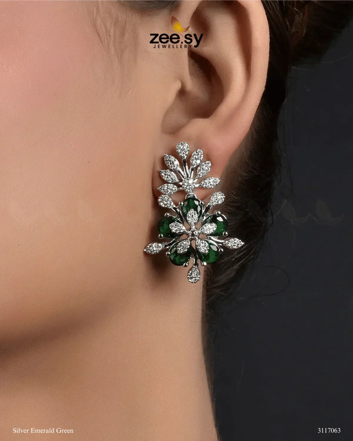 Flora Earrings Silver Emerald Green - Zeesy Jewellery
