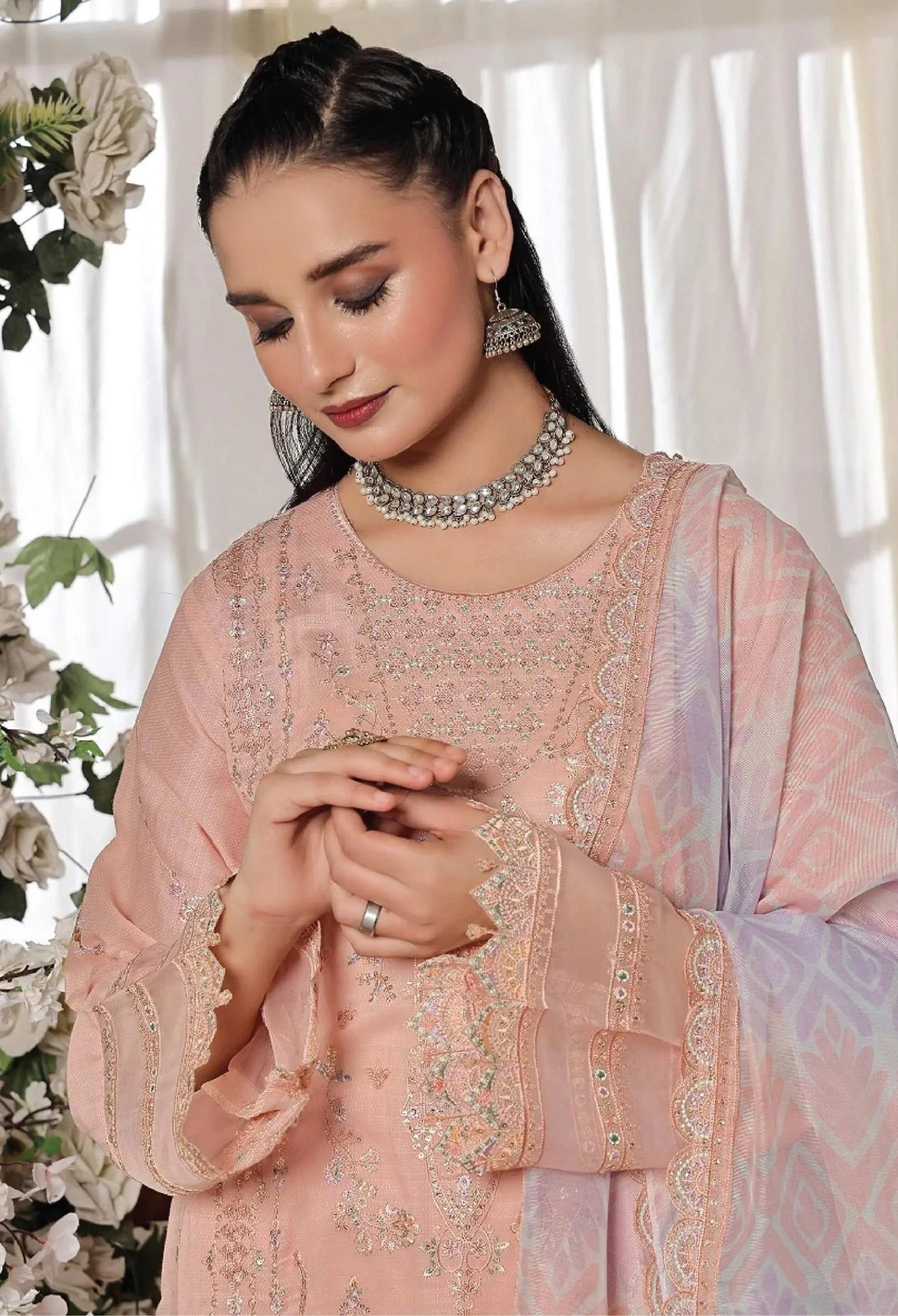Dressline New Semi Stitched 3 Pcs Premium Dyed Lawn Fancy Full Chikankari With Sequence Emb Collection