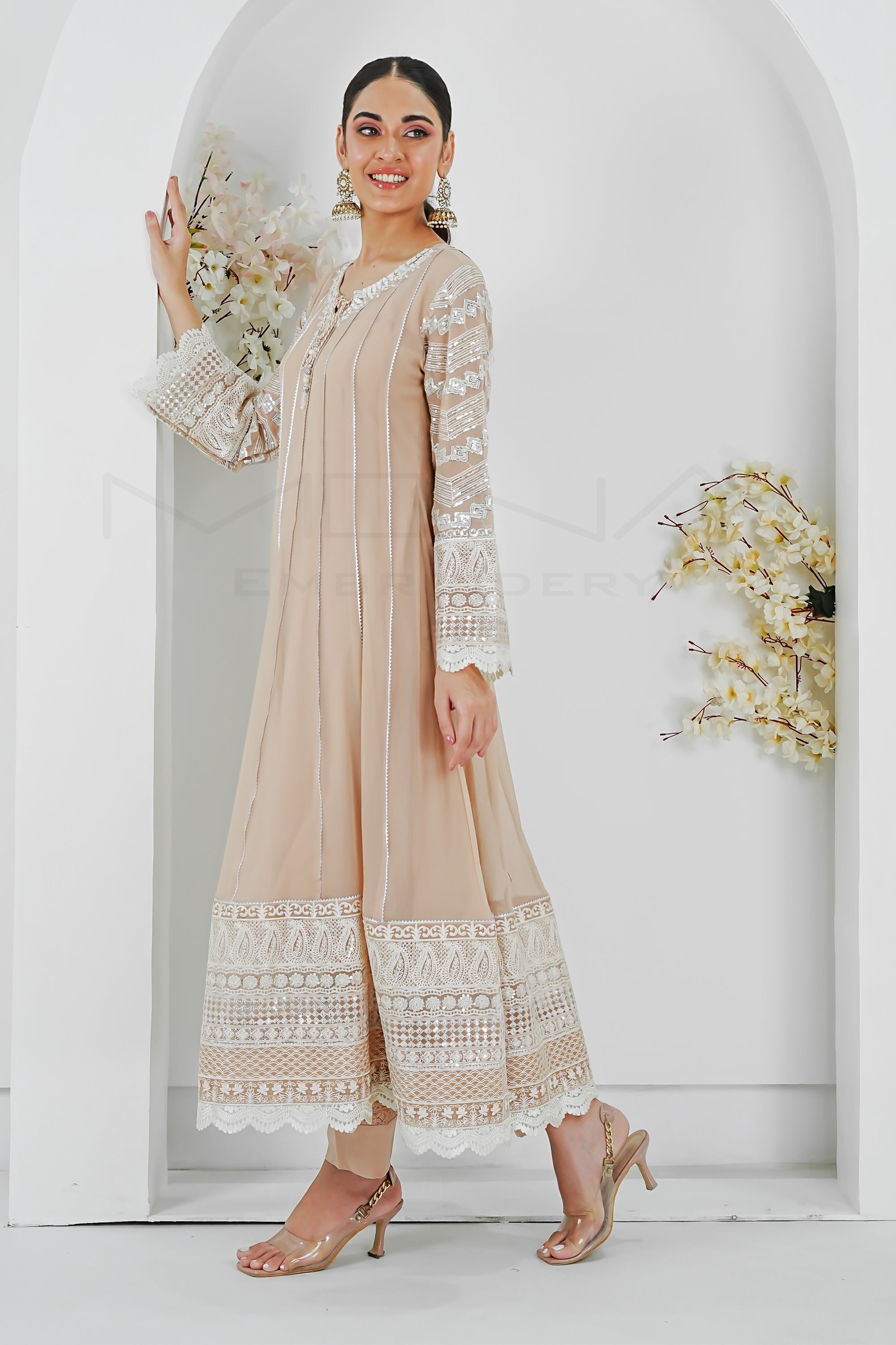 Manahils Stitched Formals Kurti 121-Crimson Glow- Peach
