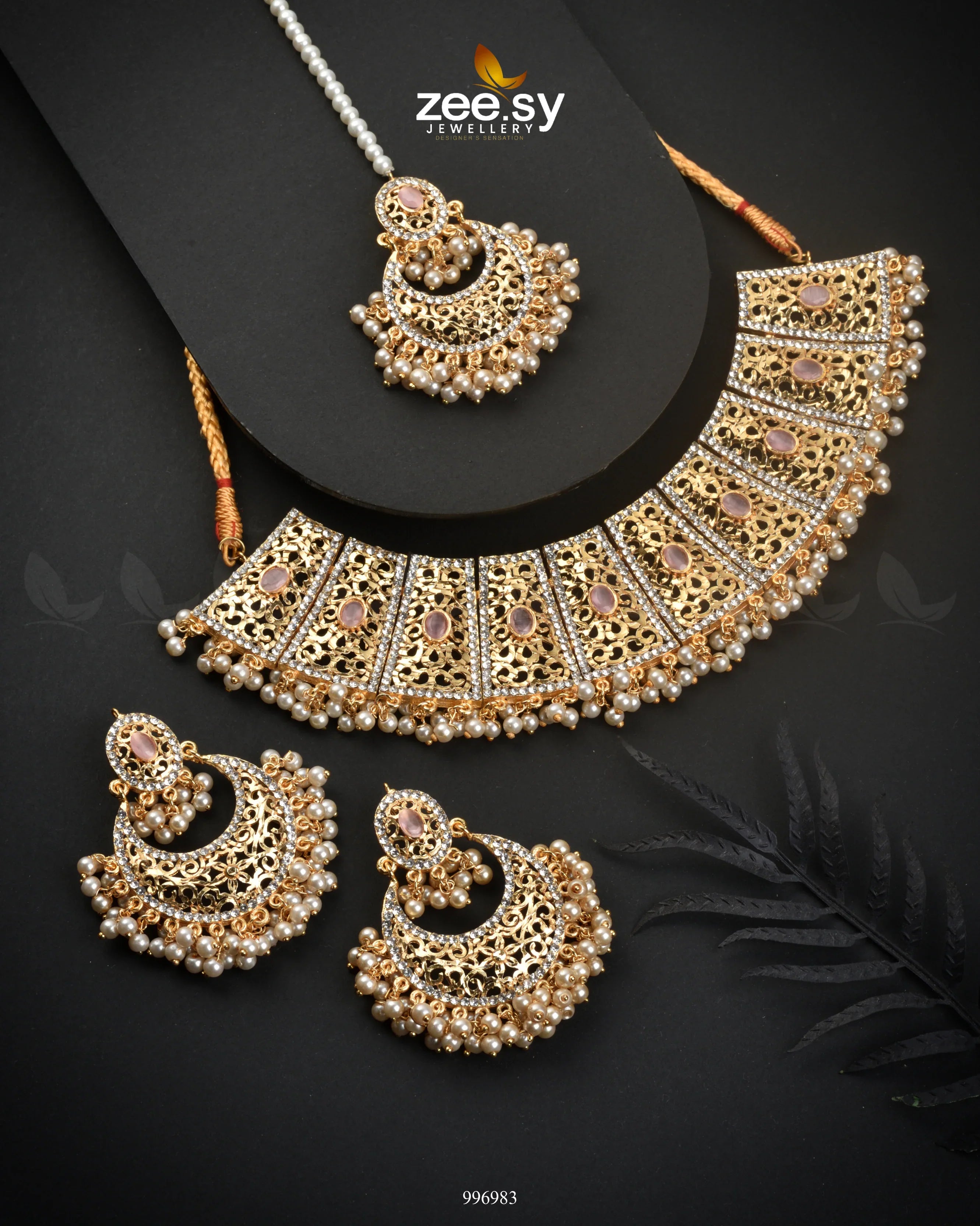 Ornamented Necklace Set Mint pink - Zeesy Jewellery