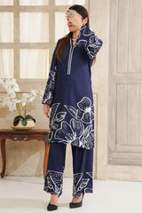 Hazel By Aizal Stitched Co Ords Slub Linen Winter Suit-AH-01-Navy Blue