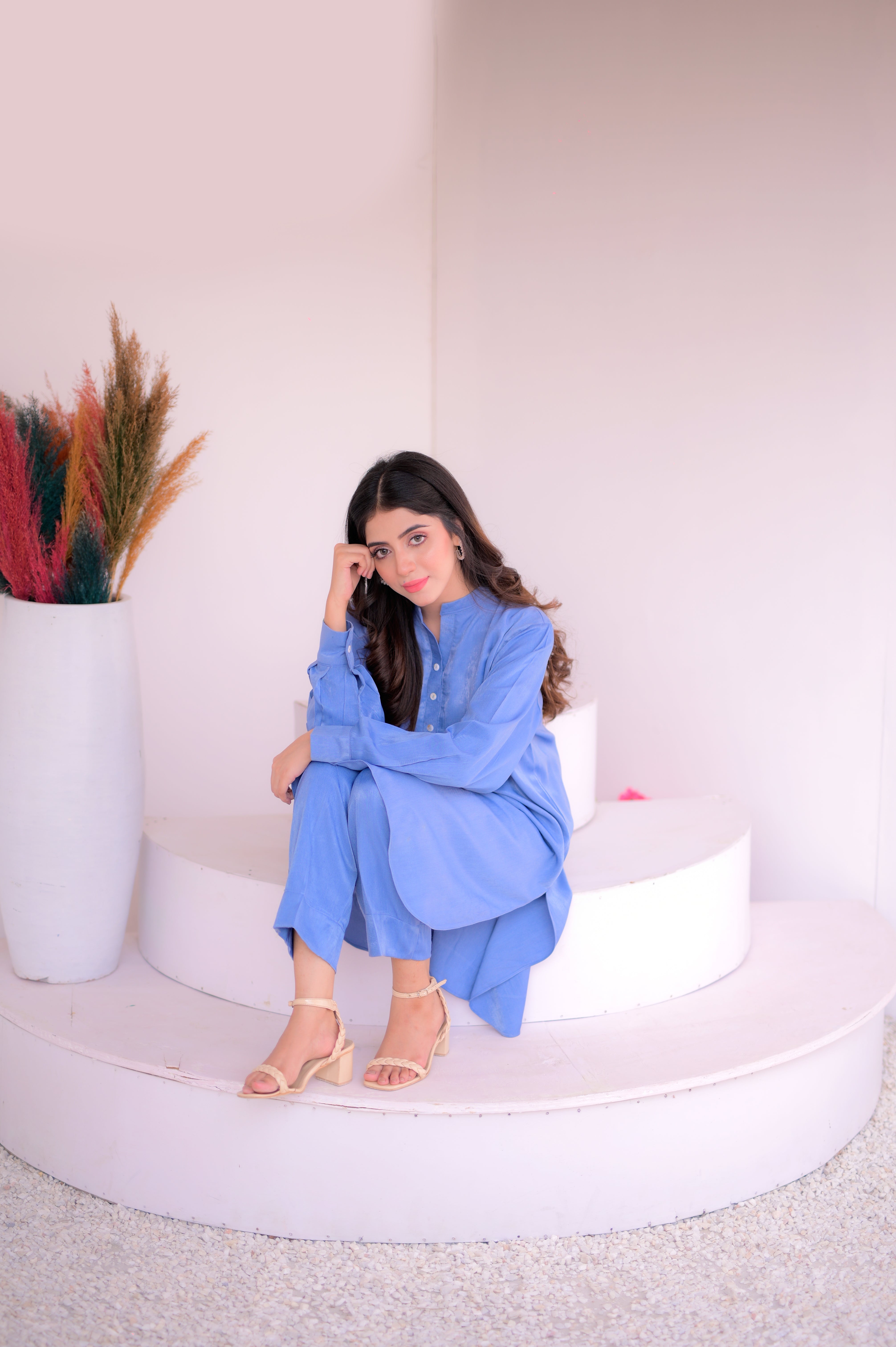 Tehzeeb Threads Solids Collection-Azure Blue Co-Ord Set | Stitched - 2 Piece | Shirt & Trouser