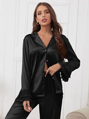 Studio By Arj Bella de Fashion Radiant Styles Notch Collar Satin Blouse and Ruffle Hem Pants PJ Set