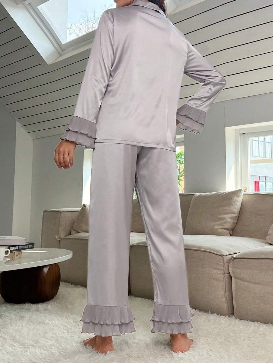 Studio By Arj Bella de Fashion Modern Marvels Women Summer Pajamas Set Notch Collar Satin Blouse an Ruffle Hem Pants Set